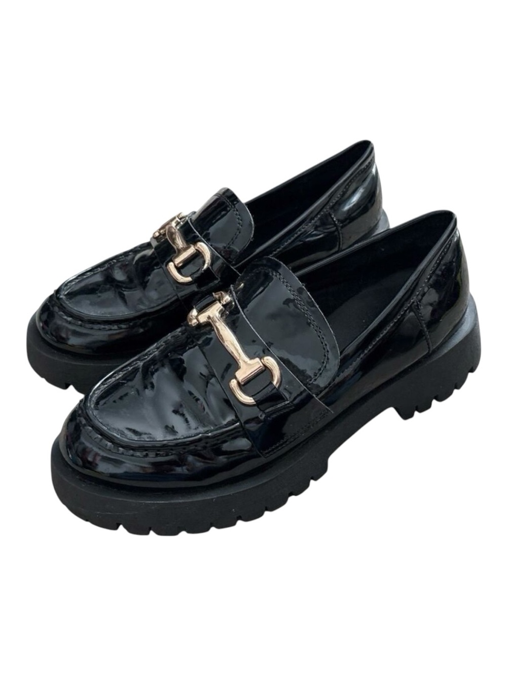 Bamboo Loafers Womens 7.5 Black Patent Horsebit Chunky Lug Platform Shoes